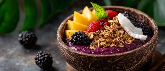 Poster -  A table bears a bowl of fruit, granola, and yogurt Blackberries, raspberries, and pineapples populate the fruit bowl