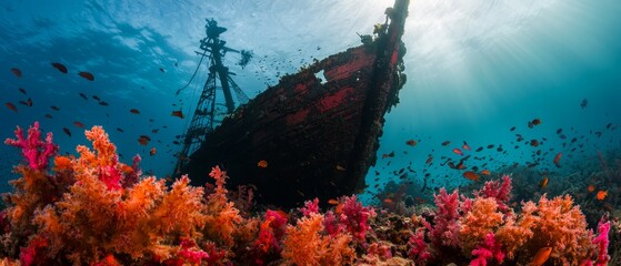 Poster -  A ship anchored in the ocean's expanse, encircled by vibrant corals and diverse marine life; sunbeams permeating the water's surface