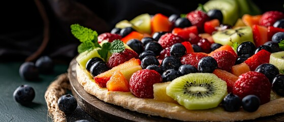 Poster -  A fruit pizza atop a wooden cutting board, surrounded by blueberries, raspberries, and kiwis