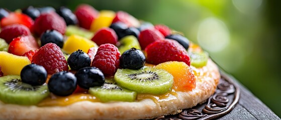 Poster -  A fruit pizza atop a wooden table, adjacent to a plate with berries, kiwis, and raspberries