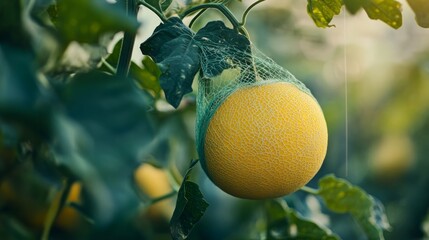 Wall Mural - A close-up of a ripe yellow cantaloupe melon growing on a vine with green leaves in a greenhouse or field.