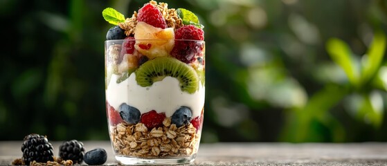 Poster - layers of berries, kiwis, raspberries, and mint in yogurt