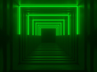 Wall Mural - 3D green neon tunnel. Black background with neon lights.