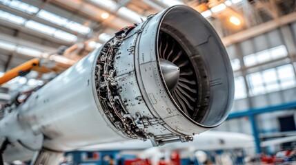Poster - Close-up of an Airplane Engine in a Hangar