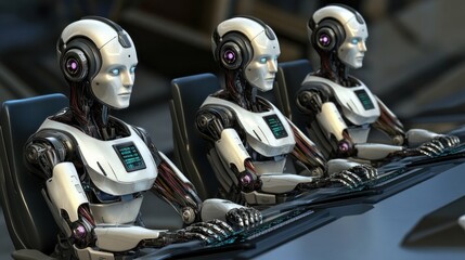 Aufkleber - Three humanoid robots working on a task at a futuristic workstation