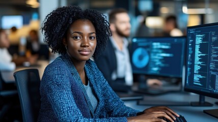 Poster - A Woman with Curly Hair Working on a Computer in a Modern Office