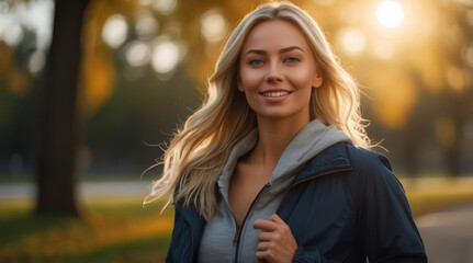 A beautiful smiling blonde girl running in the park