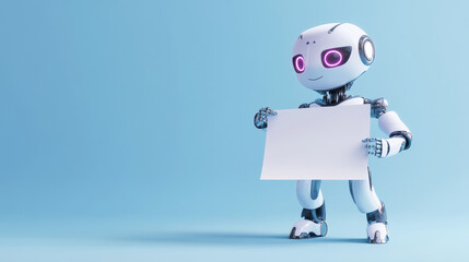 Poster - A female robot, powered by AI, stands holding a blank sign. She's presenting a business report about artificial intelligence. The robot can also talk and answer questions like a chatbot.