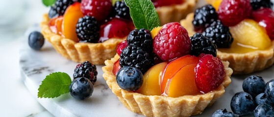  A collection of fruit tarts atop a white plate, accompanied by blueberries, peaches, and raspberries