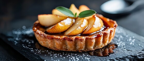 Poster -  A pastry topped with sliced apples on a black slate platter A leaf rests atop the apples