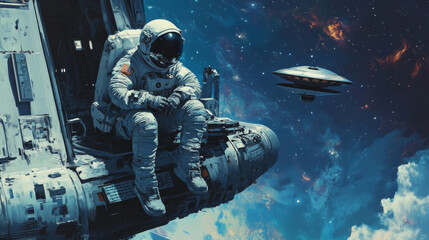 Poster - A space traveler sits on a spaceship, looking at the stars. The picture shows an astronaut in a cool space suit on a platform of a space station, with a flying saucer nearby.
