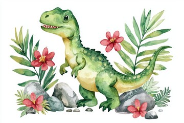 This watercolor illustration of a tyrannosaurus clipart is a set of dinosaurs, leaves, and stones. It can be used for educational material.