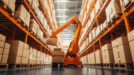 Poster - Robot arms are used in smart warehouses to efficiently move boxes onto pallets. This automation helps with storing products and shows how technology is changing the way businesses operate.