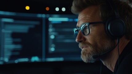 Fototapete - Close-up of a man wearing headphones and glasses, looking at a computer screen.