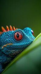 Wall Mural -  A tight shot of a Blue Chameleon's face against a green leaf backdrop, framed by black surroundings