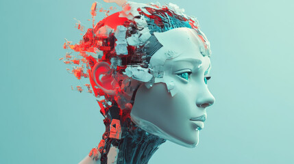 Poster - AI technology is like a computer brain that can communicate with networks, analyze data, and learn from it. This concept is shown in 3D, with a robot head representing AI.