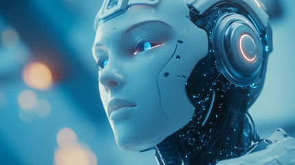 Poster - AI technology is like a computer brain that can communicate with networks, analyze data, and learn from it. This concept is shown in 3D, with a robot head representing AI.