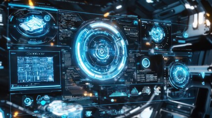 Leinwandbilder - Futuristic Blue Digital Interface with Data Displays and Circular HUD Elements