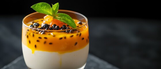 Poster -  A dessert is garnished with an orange slice, blackberries, and a green leaf atop the glass