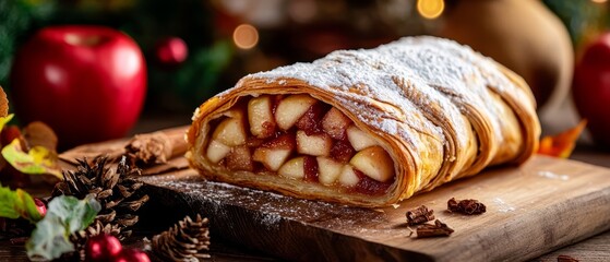 Poster -  A tight shot of a pastry on a cutting board, surrounded by apples and pine cones in the background