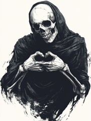 Wall Mural - Illustration of a skeletal figure forming a heart shape with its bony hands.