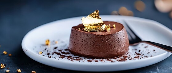 Poster -  A chocolate cake rests atop a pristine white plate Nearby, a fork and golden flakes await