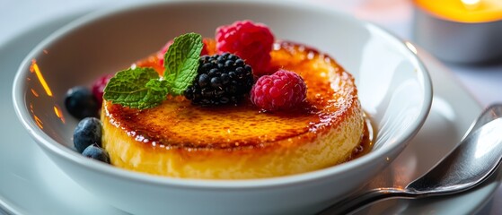  A tight shot of a bowl filled with food on a plate, accompanied by a spoon and a lit candle in the background