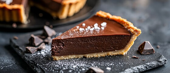 Poster -  A chocolate pie on a black plate, adjacent to a plate with a sliced slice