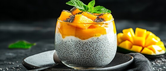 Poster -  A tight shot of a dessert in a glass, positioned on a plate Fruits arranged neatly to one side A spoon rests nearby