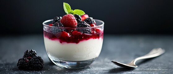 Poster -  A tight shot of a berry-laden bowl with a spoon nearby