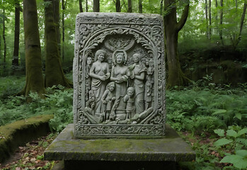 Stone monument engraved with mysterious symbols, weathered by time, with green plants growing out of it, set against a vibrant forest backdrop