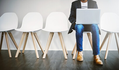 Poster - Row, recruitment and person with laptop, waiting room and professional in business, chair and online. Appointment, applicant and typing of resume, job interview and process of hiring and website