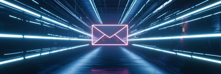 An abstract futuristic concept featuring glowing email icons and lines.