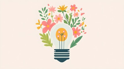 A creative flat illustration of a light bulb filled with blooming plants and foliage, symbolizing the idea of growth and development, with soft colors and a clean design representing new concepts 