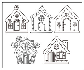 Christmas-themed gingerbread house coloring page with various cute designs. Children's activity, learning to color, playing and learning.