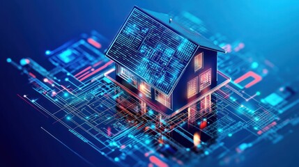 Aufkleber - Futuristic House Connected with Circuitry and Data