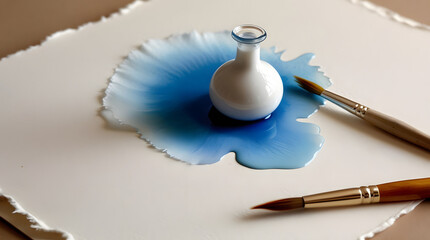 A paintbrush and a glass jar of blue paint are shown, with blue watercolor spilled nearby.