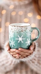 A cozy mug decorated with snowflakes, held by a person in a knitted sweater, surrounded by soft warm lights, perfect for winter vibes.