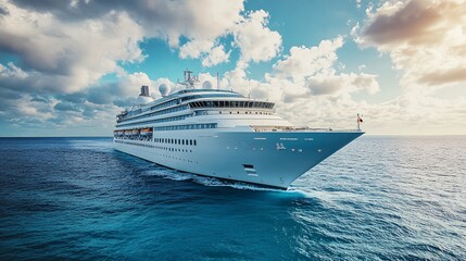 A beautiful white cruise ship gliding above the ocean, representing exclusive tourism and luxury travel for a perfect summer vacation.