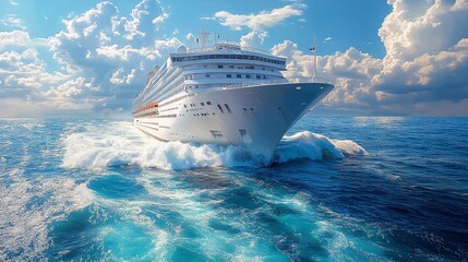 Elegant white cruise liner cruising the ocean, symbolizing luxury and exclusive travel, ideal for a relaxing summer holiday and vacation.