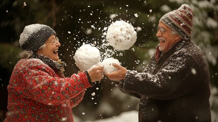 Aufkleber - Elderly friends laughing as they toss snowballs at each other, with snowflakes falling all around them Stock Photo with side copy space