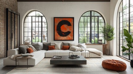 Modern Art Deco interior with a grunge coffee table, white sofa, arched window, and large art poster frame on a white wall, creating a stylish living space.