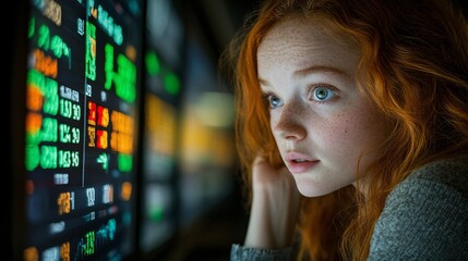 Poster - Woman staring at a computer screen with a concerned expression while looking at declining stock market charts Stock Photo with side copy space