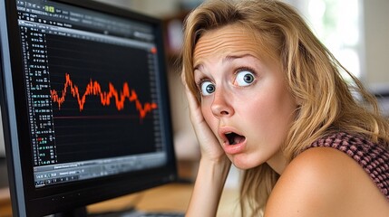 Poster - Woman staring at a computer screen with a concerned expression while looking at declining stock market charts Stock Photo with side copy space