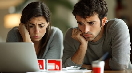 Poster - Couple looking at their bank account on a laptop, visibly worried about their financial situation Stock Photo with side copy space