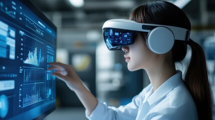 Poster - Woman in Virtual Reality Headset Analyzing Data on Computer Screen