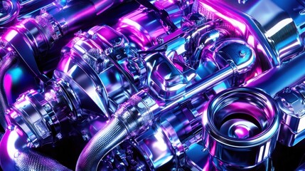 Poster - Close-up of a Metallic Engine with Neon Lighting