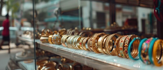 A vibrant marketplace display of vibrant gold bangles, each intricately detailed, capturing the essence of cultural elegance and artisanal craftsmanship.