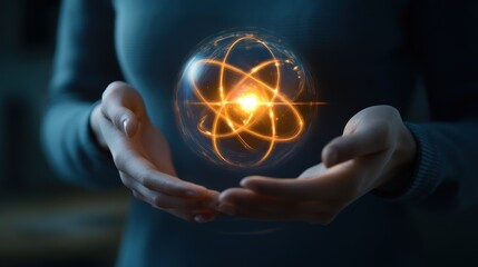 Poster - Person holding a glowing atom symbol in their hands