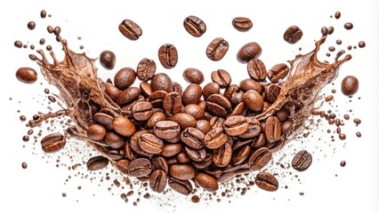 Coffee beans with splashing liquid isolated on white background